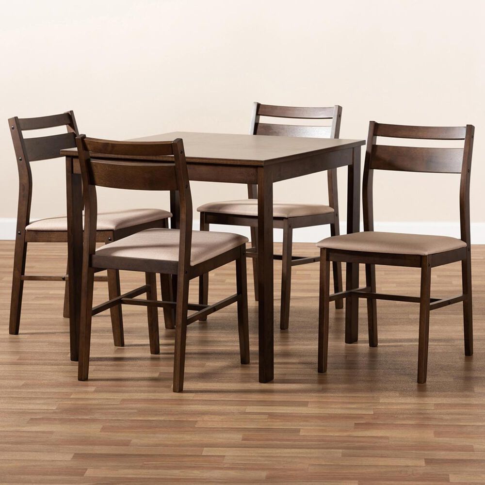 Baxton Studio Lovy 5-Piece Dining Set in Dark Walnut and Beige Upholstery, , large