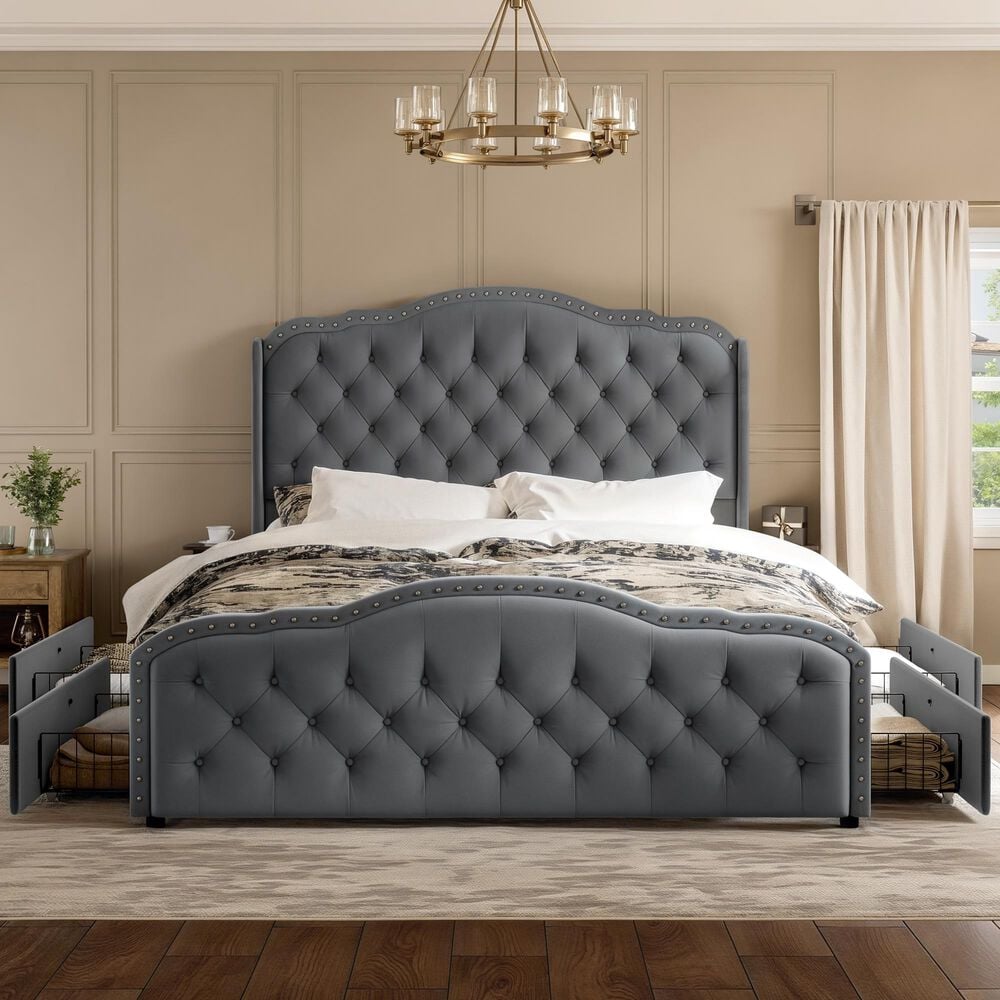 HOMLUX Full Upholstered Platform Storage Bed Frame with Headboard in Gray, , large