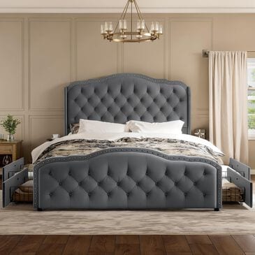 HOMLUX Full Upholstered Platform Storage Bed Frame with Headboard in Gray, , large
