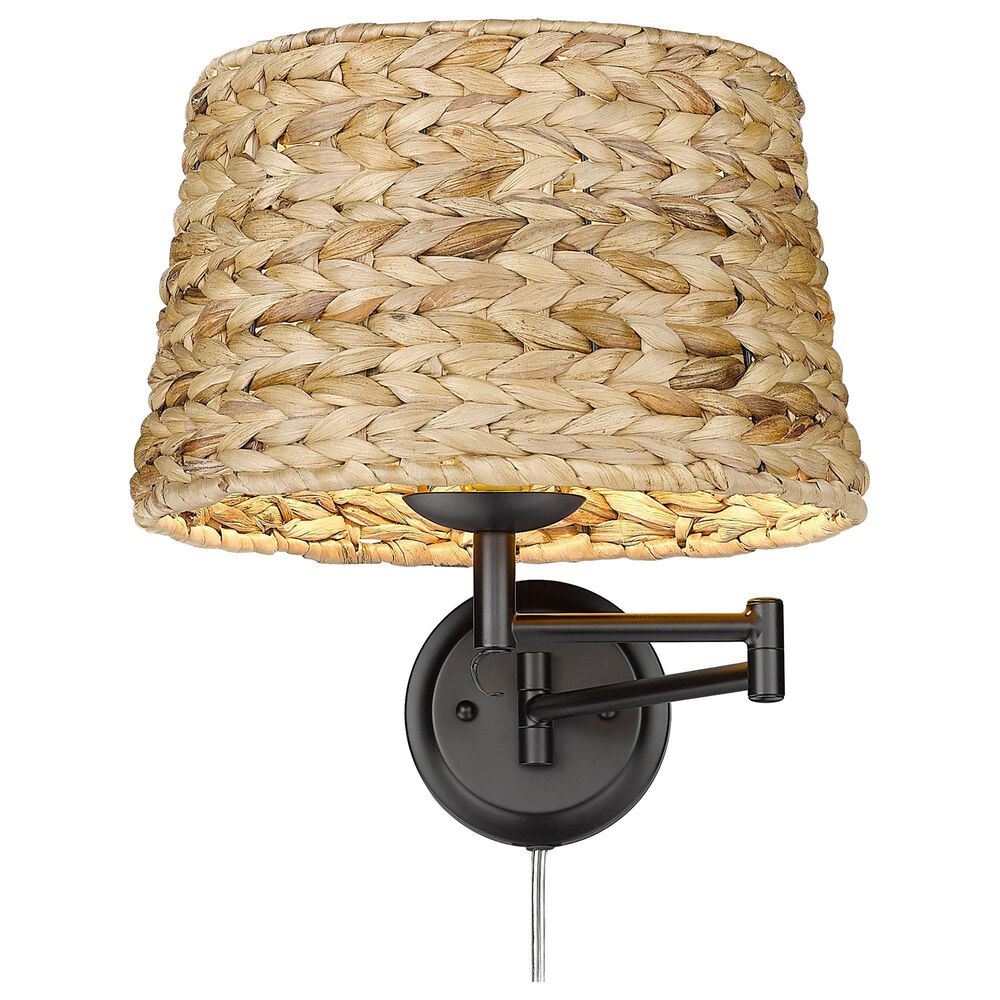 Golden Lighting Eleanor 1-Light Articulating Wall Sconce with Woven Sweet Grass Shade in Matte Black, , large