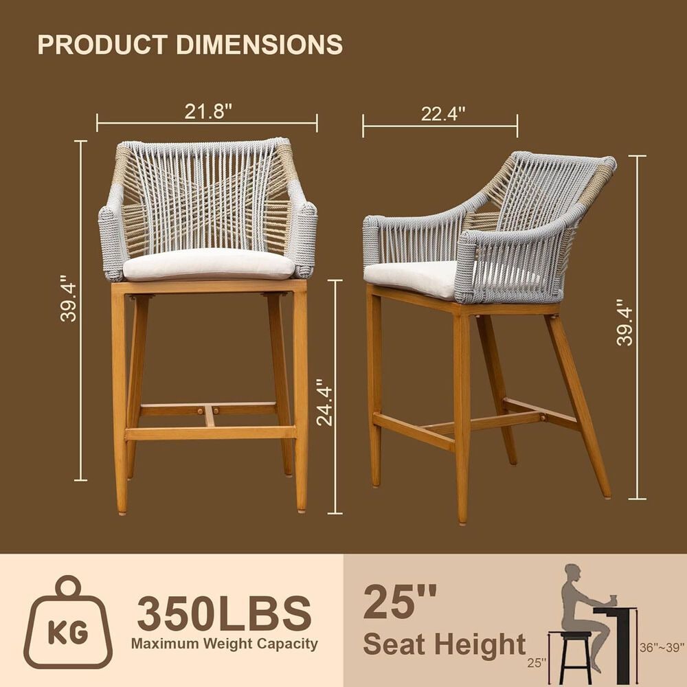 Hearth and Haven Outdoor Barstool with Square Backrest in Beige (Set of 2), , large
