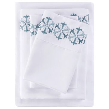 Hampton Park Embroidered Microfiber 4-Piece Full Sheet Set in Teal Medallion, , large