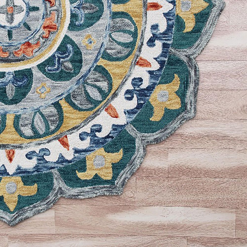 L&amp;R Resources Sinuous Radiant Mandala Medallion 4&#39; Scalloped Teal, Yellow, White and Orange Area Rug, , large