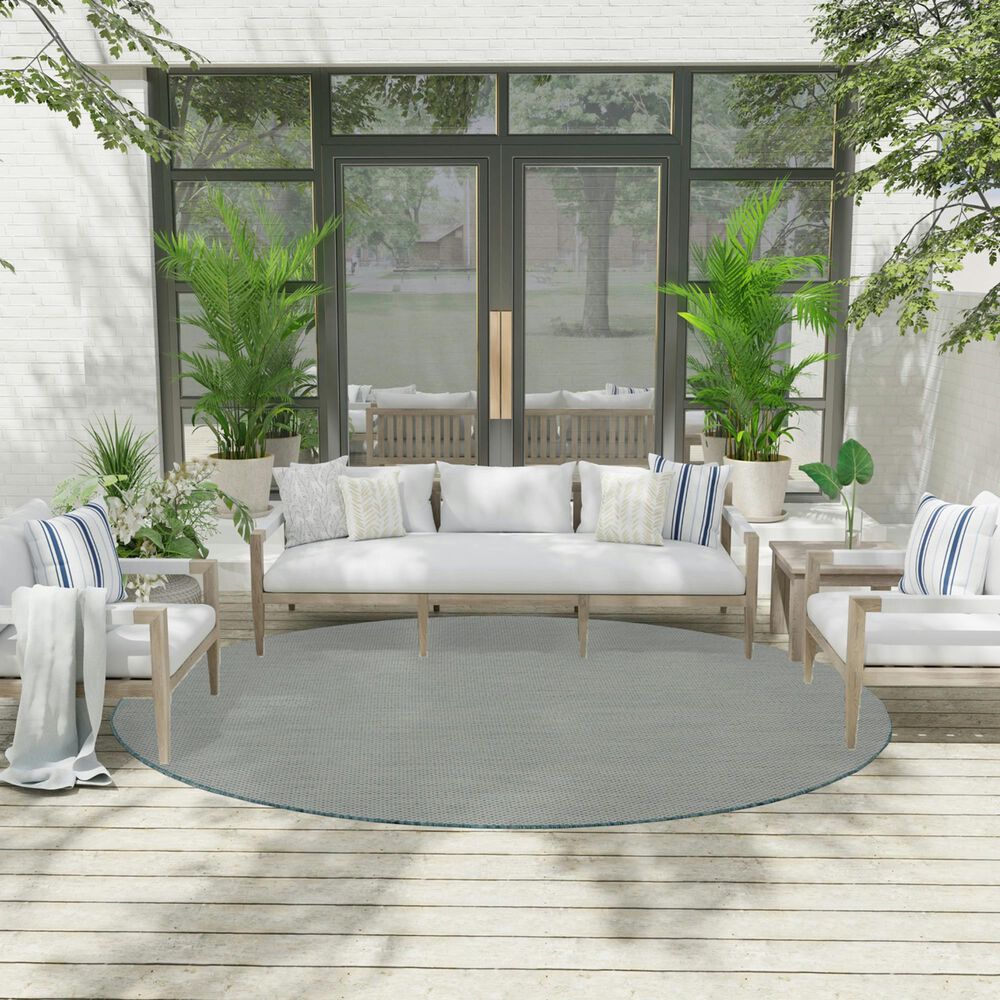 Nourison Courtyard Ivory and Aqua 8&#39; Round Indoor/Outdoor Area Rug, , large