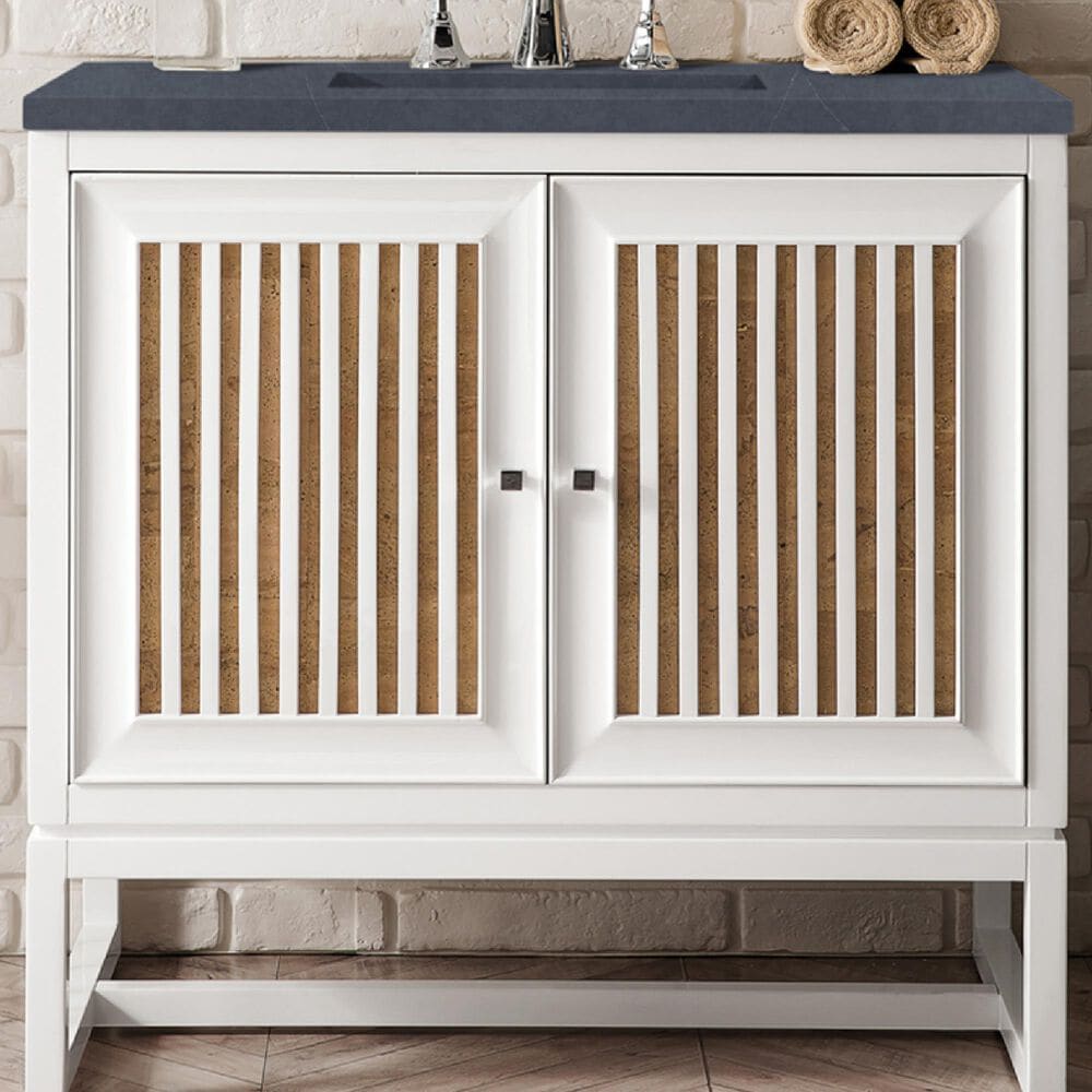 James Martin Vanities Athens 36&quot; Single Bathroom Vanity in Glossy White with 3 cm Charcoal Soapstone Quartz Top and Rectangular Sink, , large