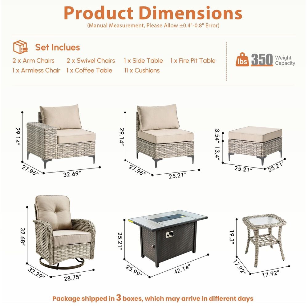 HOMLUX 8-Piece Patio Conversation Set with Fire Pit Table in Beige, , large