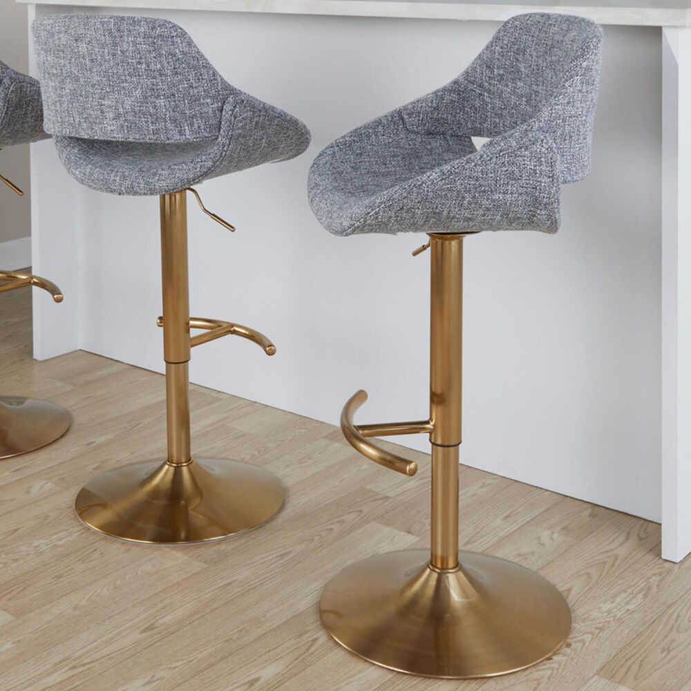 LumiSource Fabrico Swivel Adjustable Bar Stool with Grey Noise Fabric Upholstery and Rounded T Footrest in Gold (Set of 2), , large