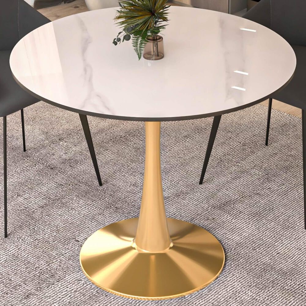 Leisuremod Leisuremod Bristol 35 round dining table Gold base with White Sintered stone Top, , large