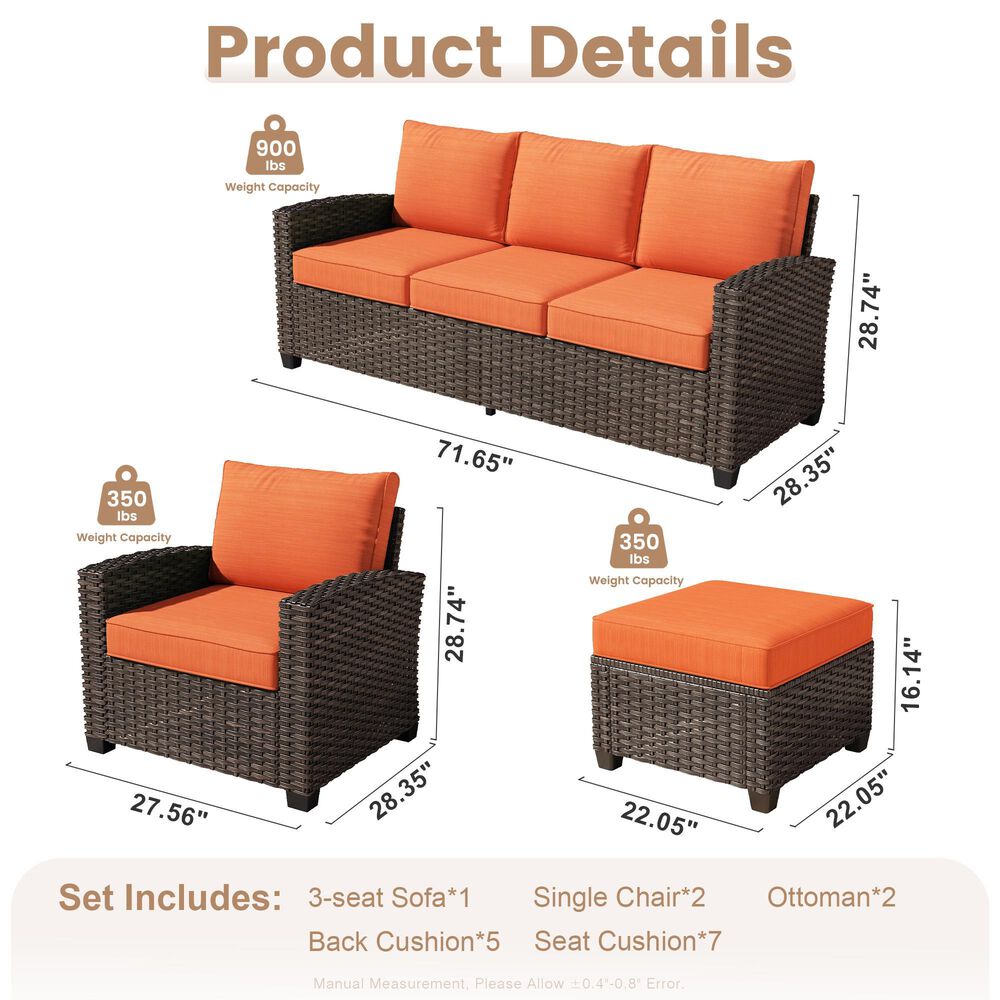 HOMLUX 5-Piece Patio Conversation Set with Brown Wicker in Orange Red, , large