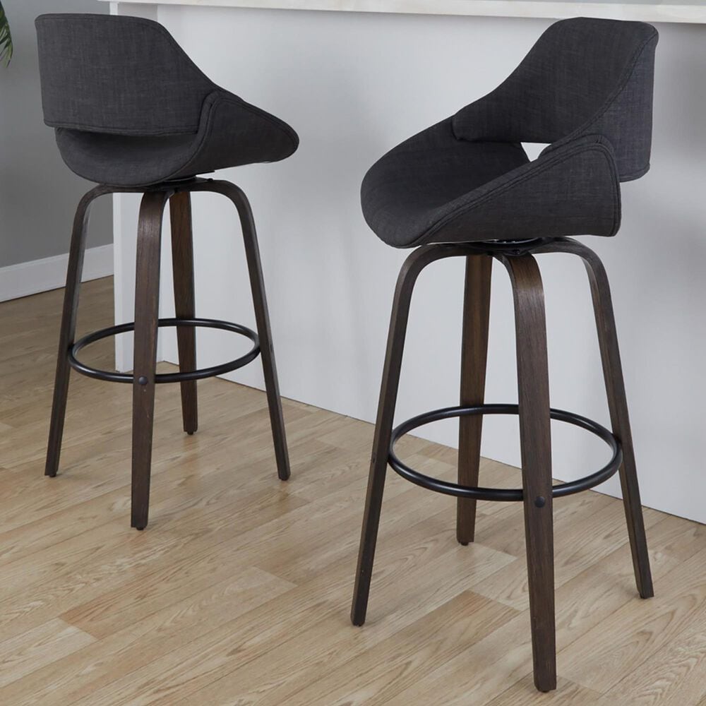 LumiSource Fabrico 30" Swivel Fixed-Height Bar Stool with Charcoal Fabric Upholstery in Black and Glazed Walnut (Set of 2), , large
