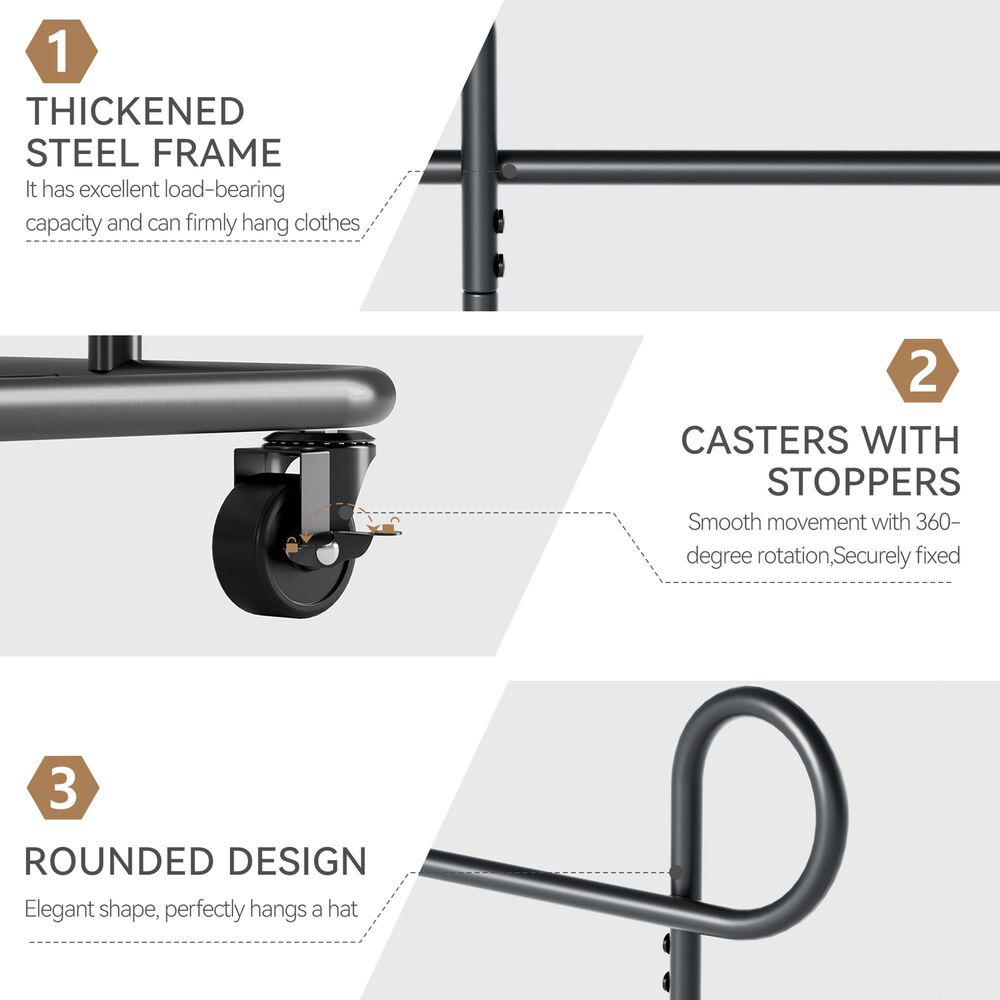 HOMLUX F-Shape Indoor Coat Rack with Lockable Wheeled Bases and Hat Hooks in Black, , large