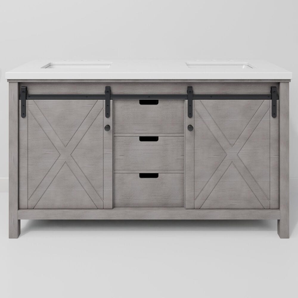 Lexora Home Marsyas 60&quot; Double Bathroom Vanity in Ash Grey with 2 cm White Cultured Marble Top and Rectangular Sinks, , large