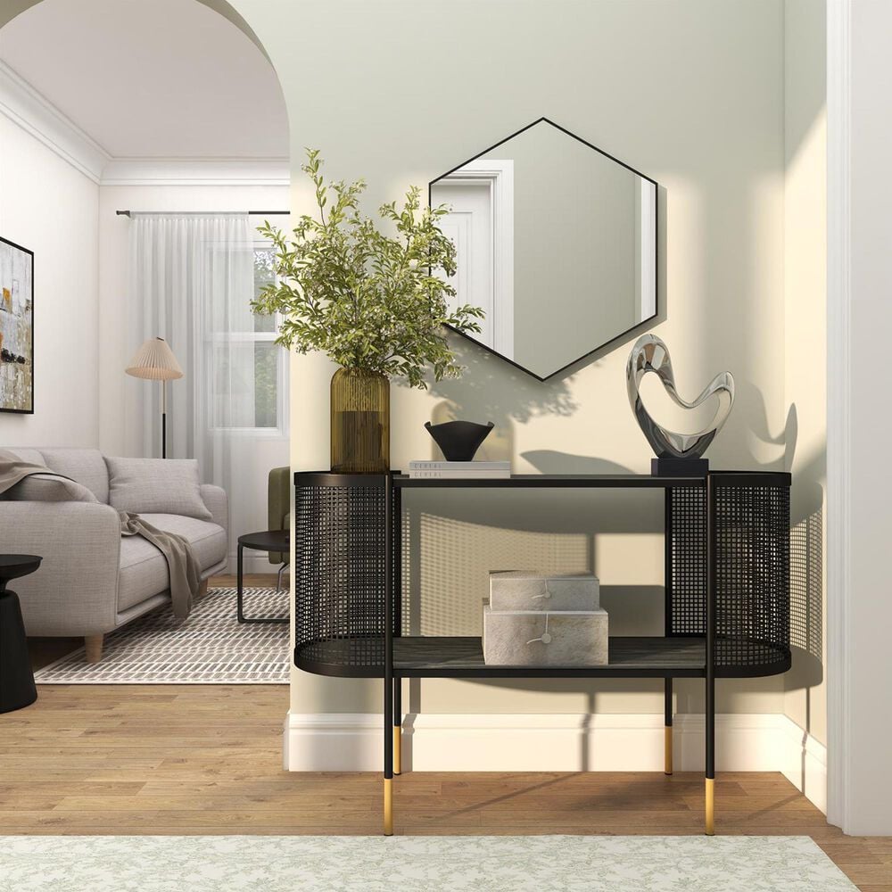 Maple and Jade 21&quot; x 24&quot; Hexagon Wall Mirror with Thin Minimalistic Frame in Black, , large