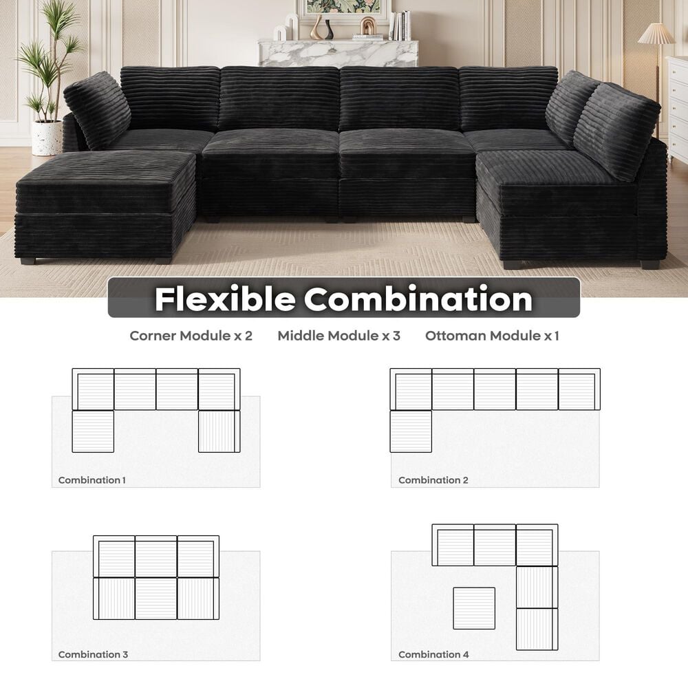 HOMLUX 6-Piece Mod Sectional with Chaise in Black, , large