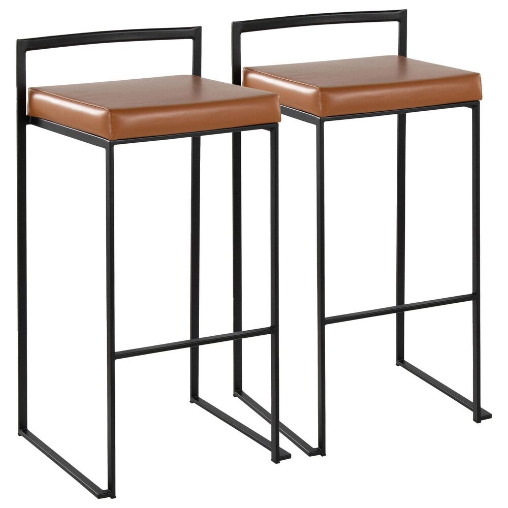 Lumisource Fuji Stackable Barstool with Camel Faux Leather Cushion in Black (Set of 2), , large