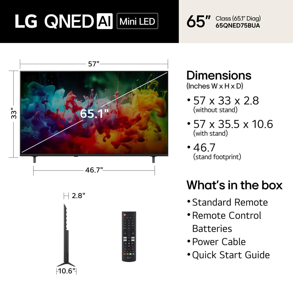 LG 65" Class 75B Series QNED AI Mini LED 4K Ultra HD - Smart TV with 2.1 Channel Soundbar System in Black, , large