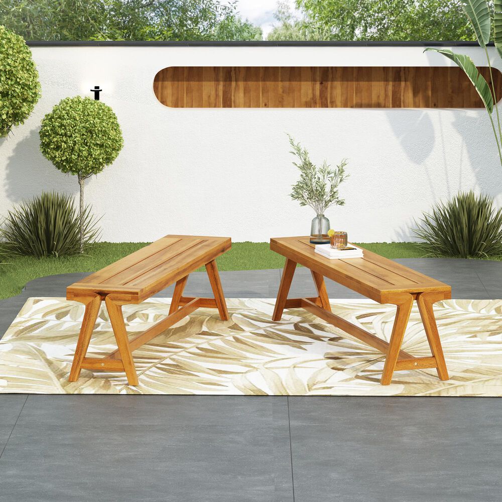 Hearth and Haven Outdoor Dining Bench in Light Teak (Set of 2), , large