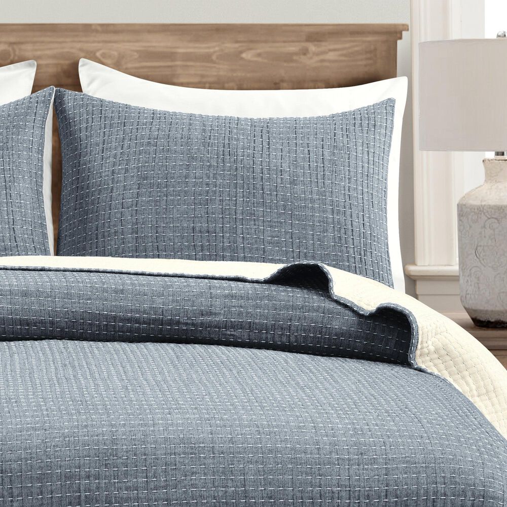 Triangle Home Fashions Pick Stitch 3-Piece King Quilt Set in Navy and Off White, , large