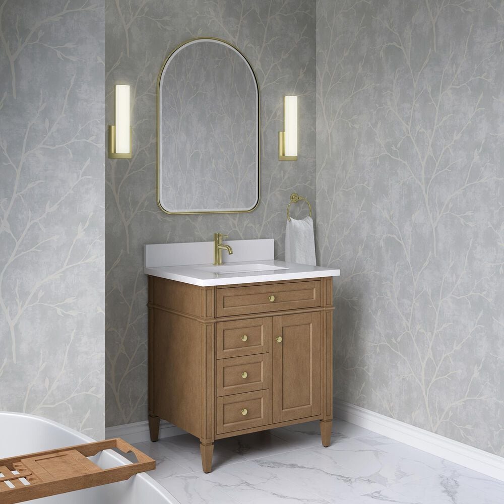 James Martin Brittany 30" Single Bathroom Vanity in Pecan with Single Hole 3 cm White Zeus Silestone Top and Rectangular Sink, , large