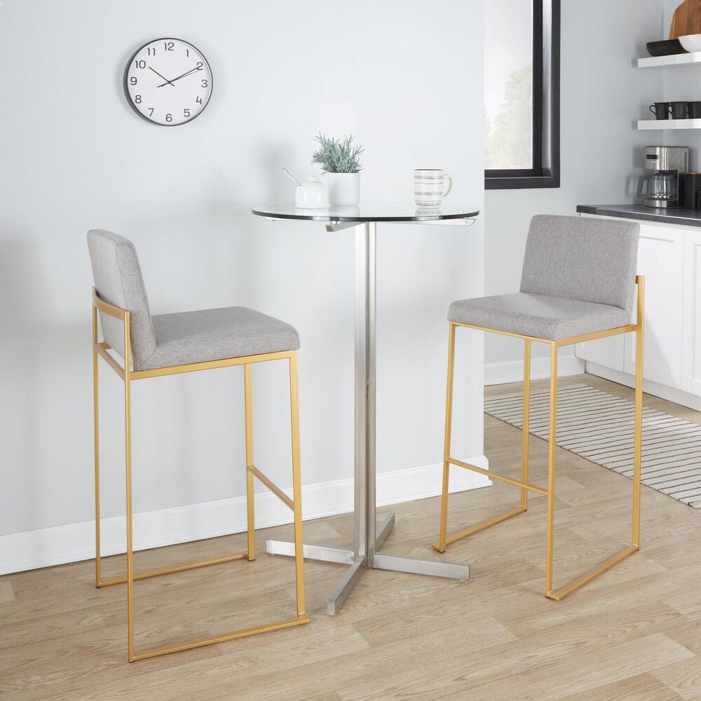 LumiSource Fuji High Back Barstool with Grey Fabric in Gold &#40;Set of 2&#41;, , large