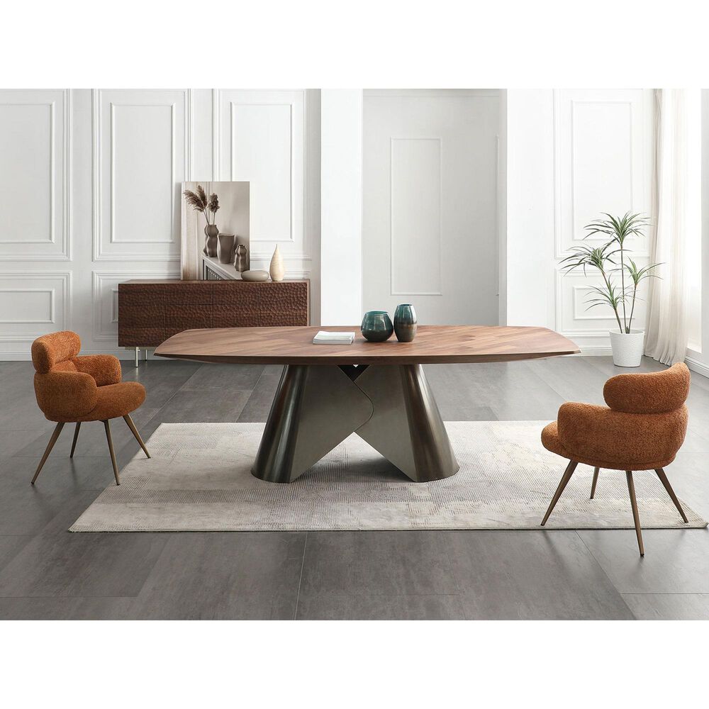 Casabianca Home Rocco Pedestal Dining Table with Bronze Base and Walnut Veneer Top, , large