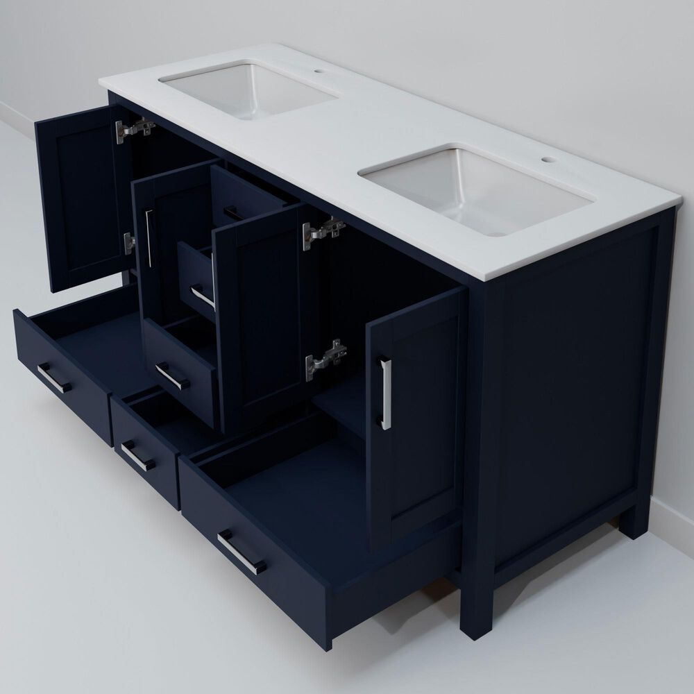 Lexora Home Jacques 60" Double Bathroom Vanity in Navy Blue with 2 cm White Quartz Top and Rectangular Sinks, , large