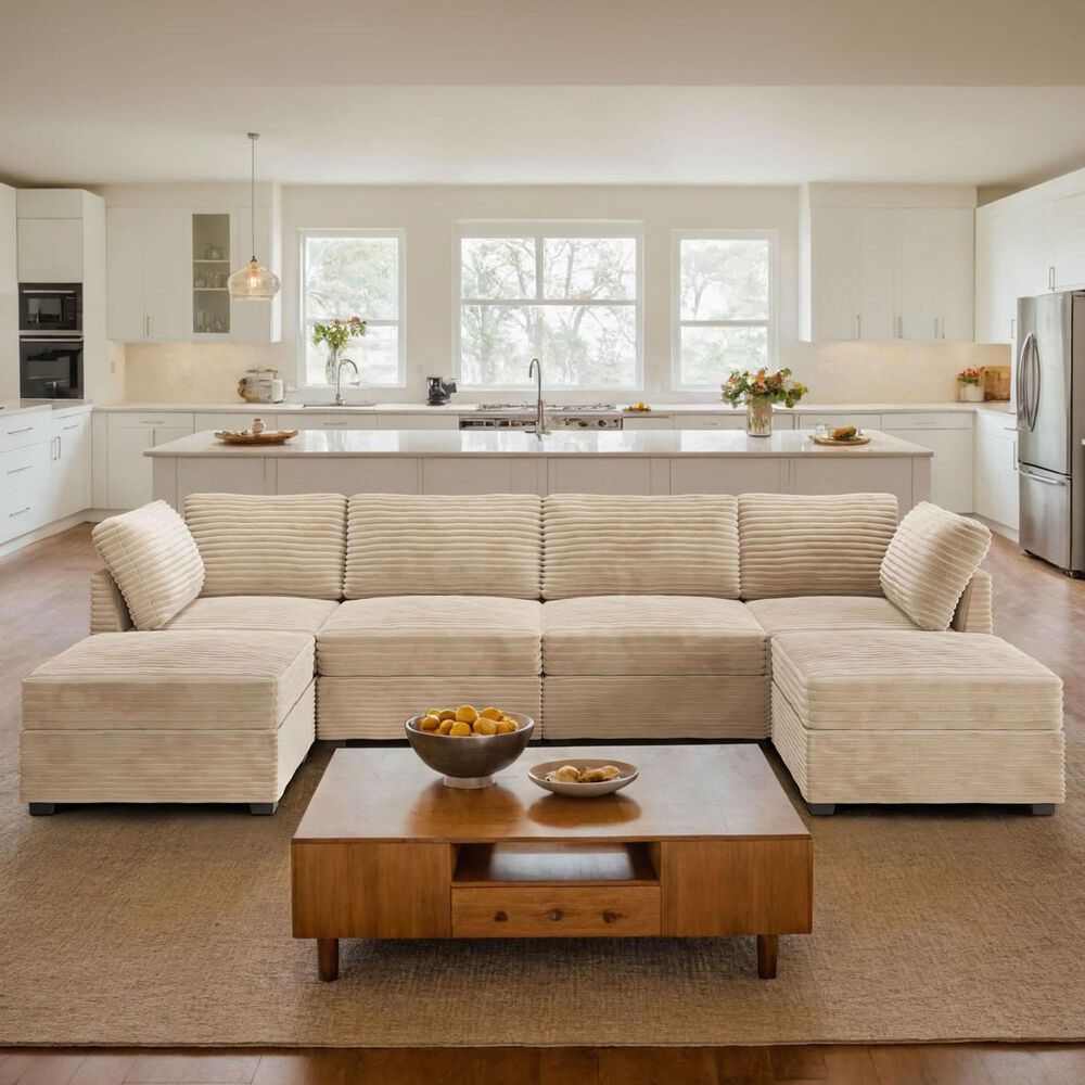 HOMLUX 6-Piece Mod Sectional with Ottomans in Beige, , large