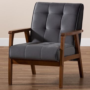 Baxton Studio Asta Arm Chair in Grey Velvet and Walnut Finish, , large
