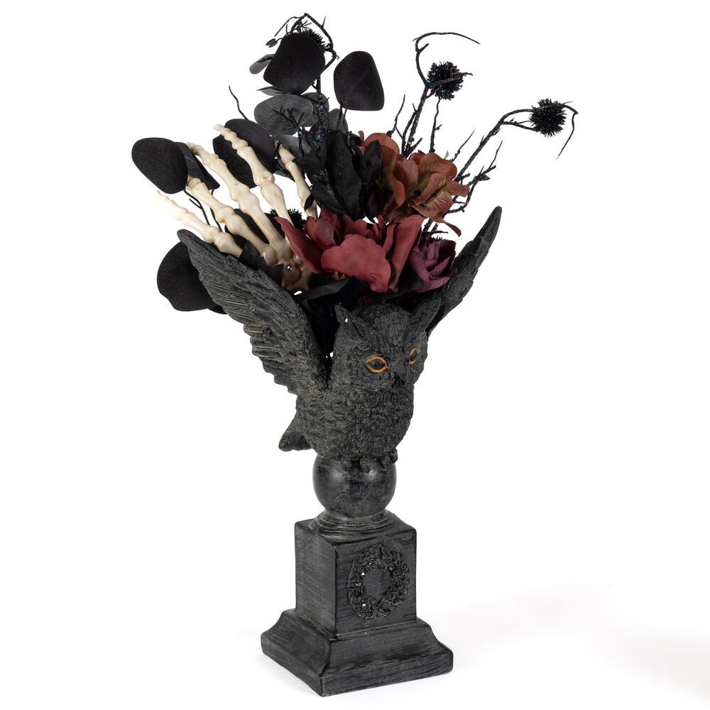 The Gerson Company 20&quot;H Resin Halloween Owl with Floral Arrangement in Black, , large