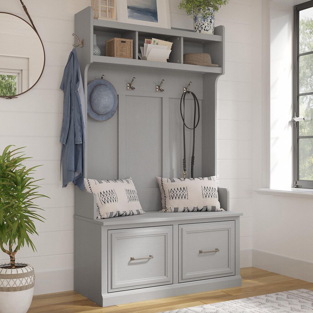 Bush Woodland Hall Tree with Storage Bench in Cape Cod Gray NFM