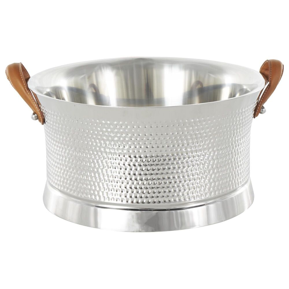 Maple and Jade Decorative Ice Bucket with Brown Leather Handle in Silver Stainless Steel, , large