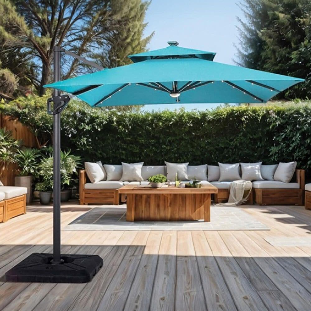 Furniture of America Sahar 8&#39; LED Light Double Top Square Patio Umbrella with Base in Teal, , large