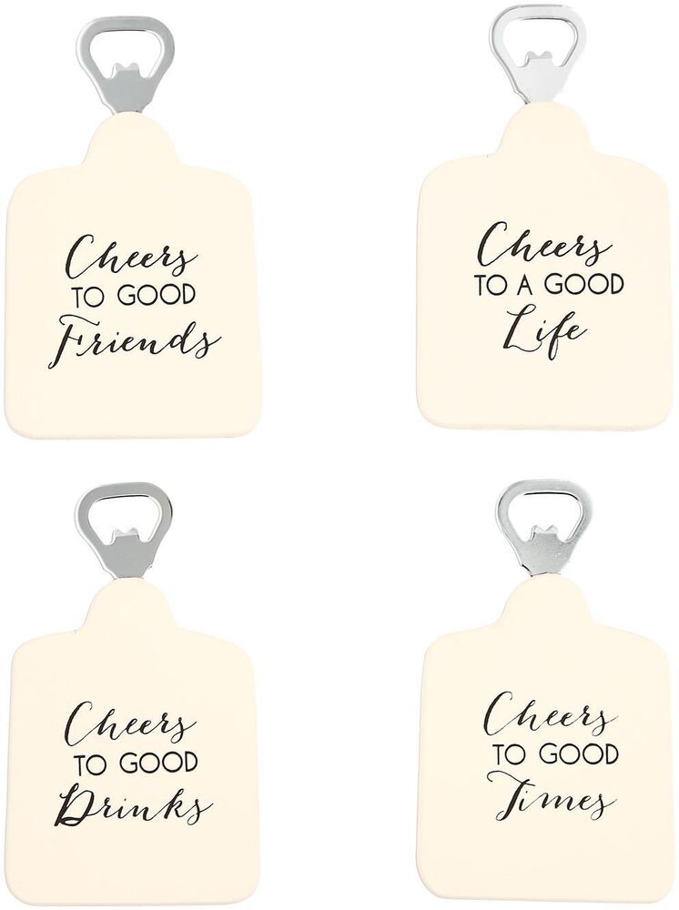 Pavilion Cheers 6" x 4.25" Bottle Opener Coaster Set in Cream and Silver (Set of 4), , large