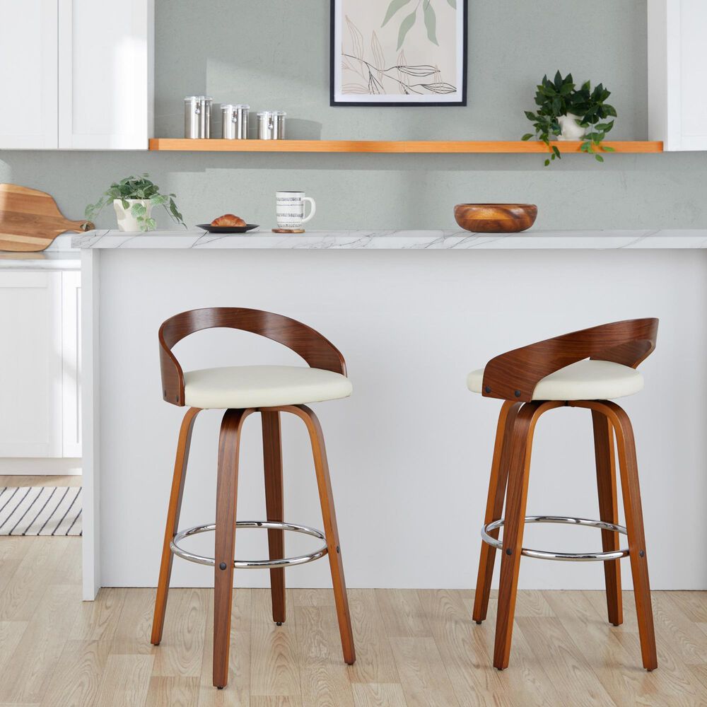 LumiSource Grotto 30" Swivel Barstool with Cream Faux Leather Upholstery in Walnut and Chrome (Set of 2), , large