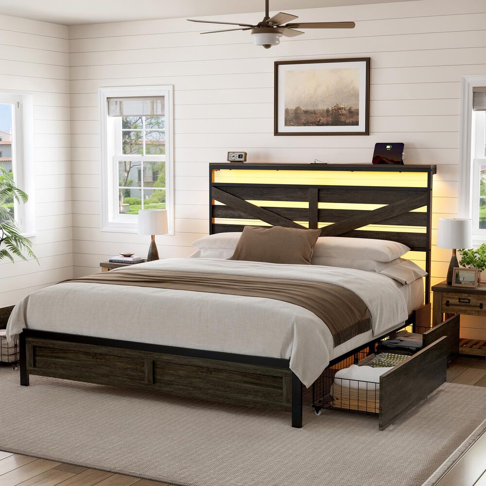 HOMLUX Queen Upholstered Platform Storage Bed Frame in Beige, , large