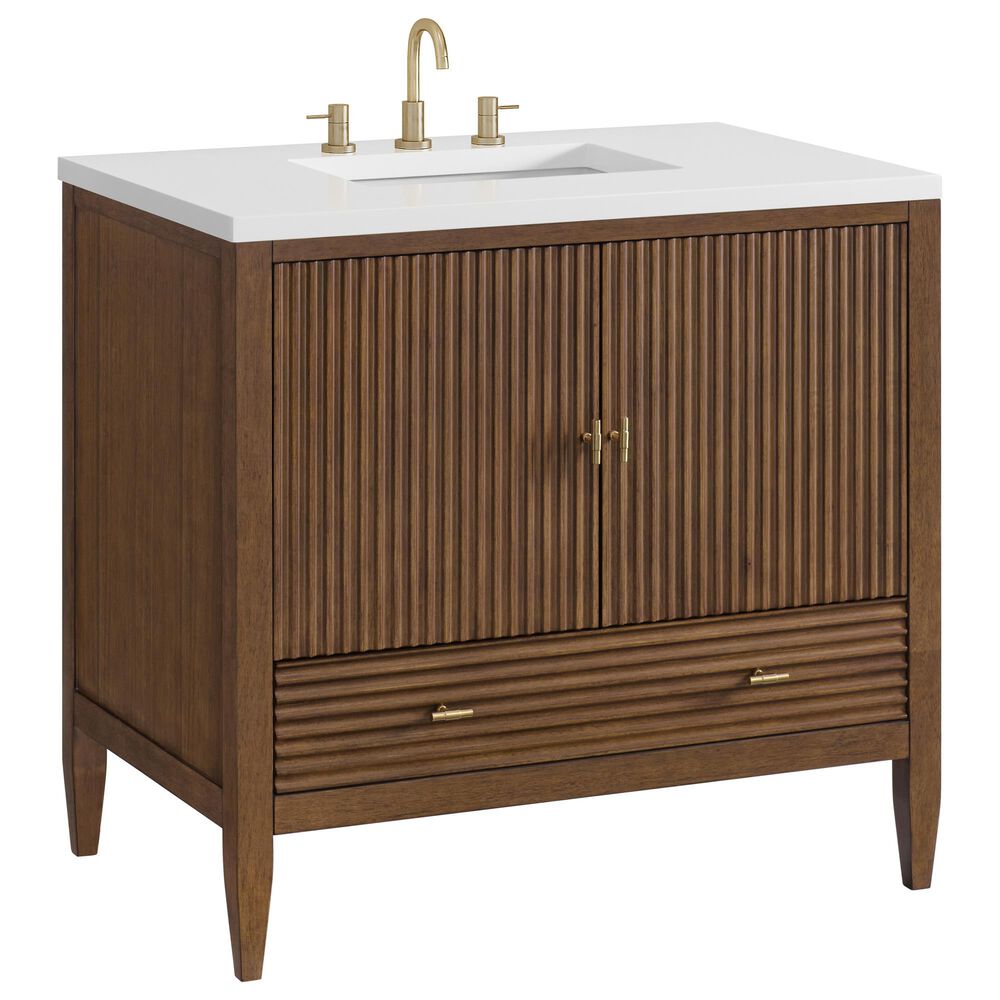 James Martin Vanities Myrrin 36" Vanity in Mid Century Walnut with 3 cm White Zeus Quartz Top, , large