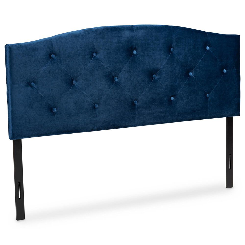 Baxton Studio Leone Queen Panel Headboard with Navy Blue Velvet in Dark Brown, , large