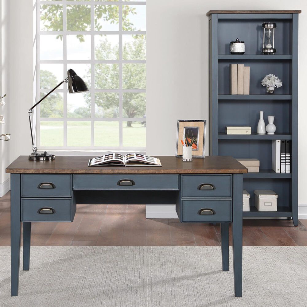 Wycliff Bay Fairmont 2-Piece Half Pedestal Desk with Bookcase Set in Dusty Blue and Natural, , large