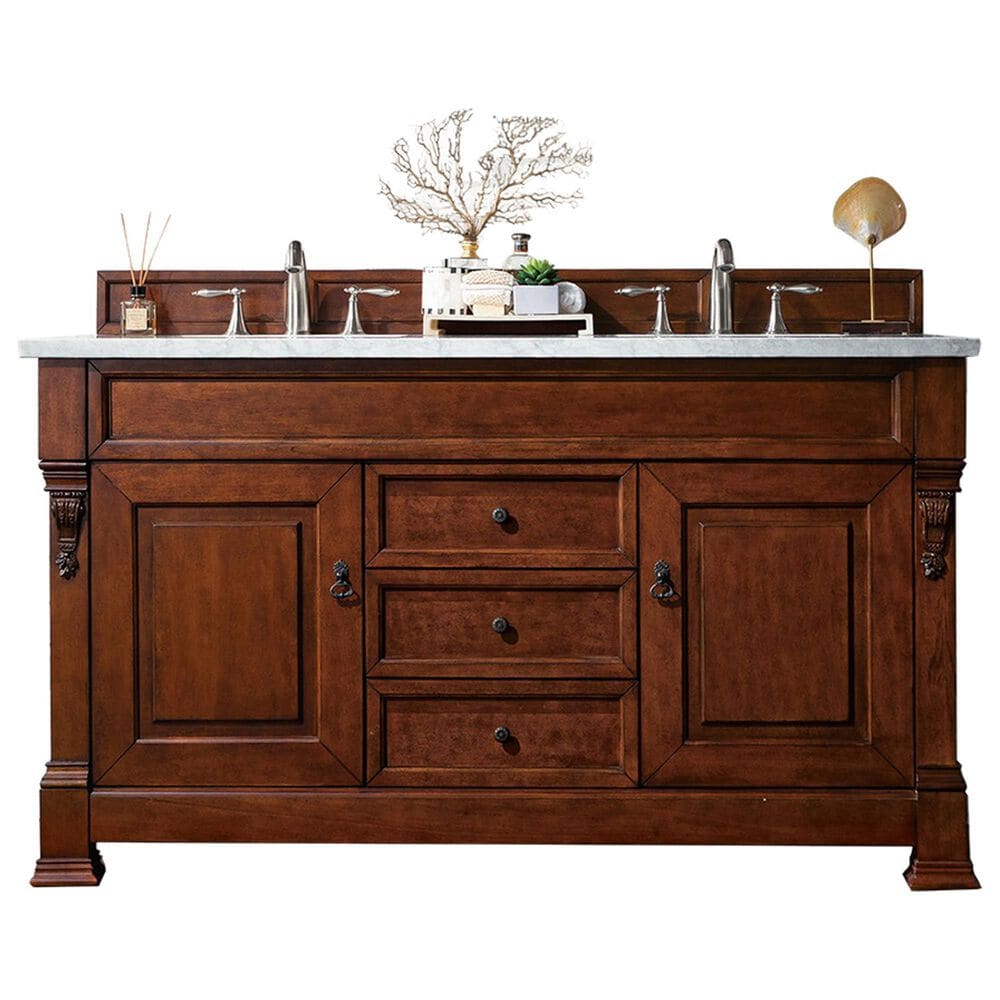 James Martin Vanities Brookfield 60" Double Bathroom Vanity in Warm Cherry with 3 cm Carrara White Marble Top and Rectangle Sink, , large