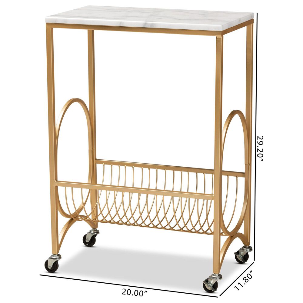 Baxton Studio Jacek Wine Cart in Gold and White Marble, , large
