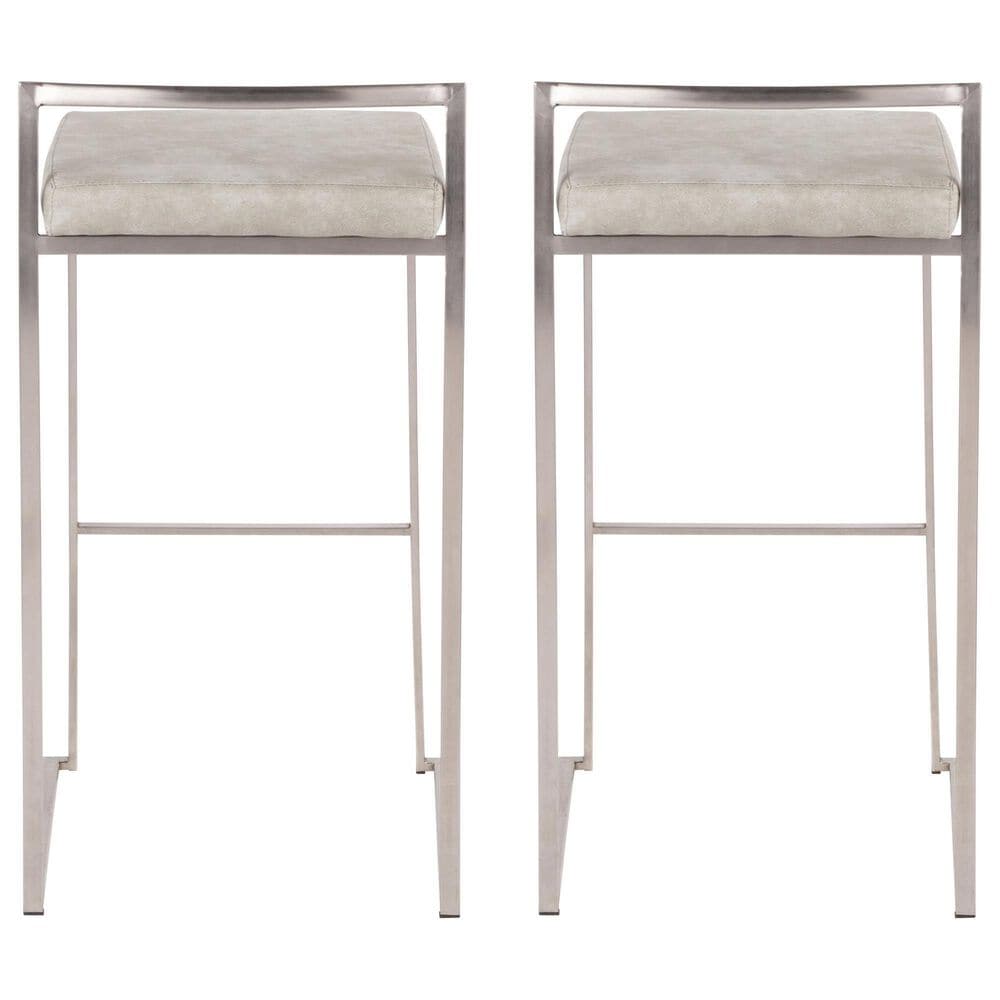 LumiSource Fuji 30" Stacker Bar Stool with Light Grey Cowboy Upholstery in Stainless Steel (Set of 2), , large