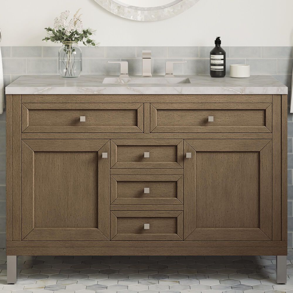 James Martin Vanities Chicago 48&quot; Single Bathroom Vanity in Whitewashed Walnut with 3 cm Victorian Silver Quartz Top and Rectangular Sink, , large