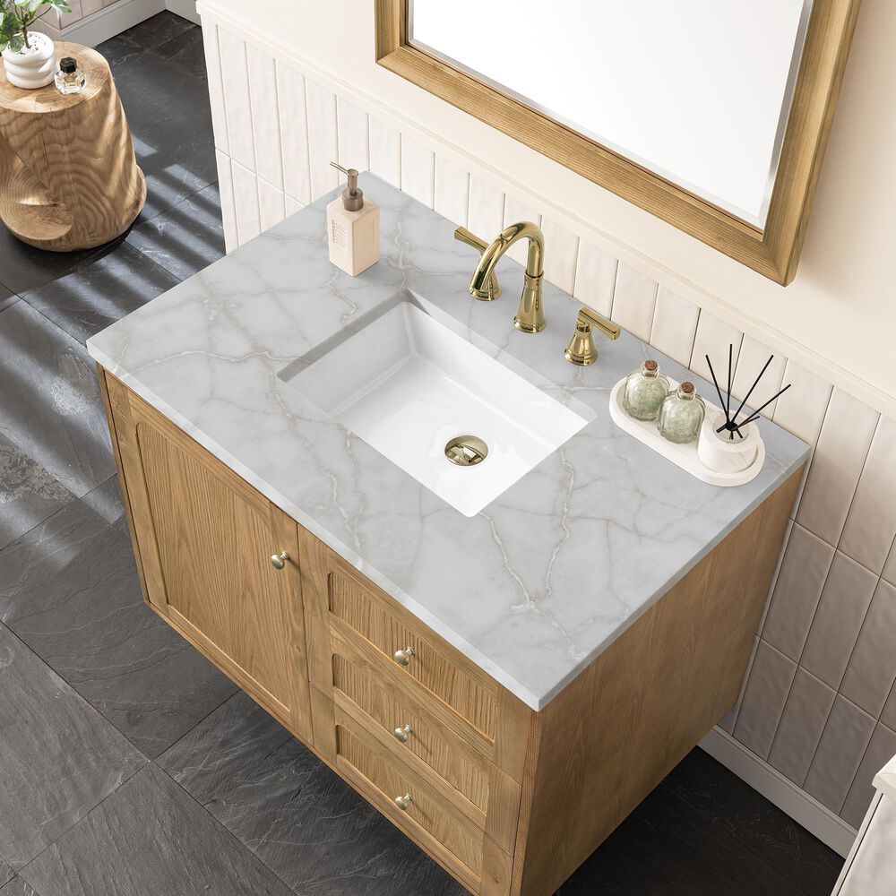 James Martin Vanities Laurent 36" Single Bathroom Vanity in Light Natural Oak with 3 cm Victorian Silver Quartz Top and Rectangular Sink, , large