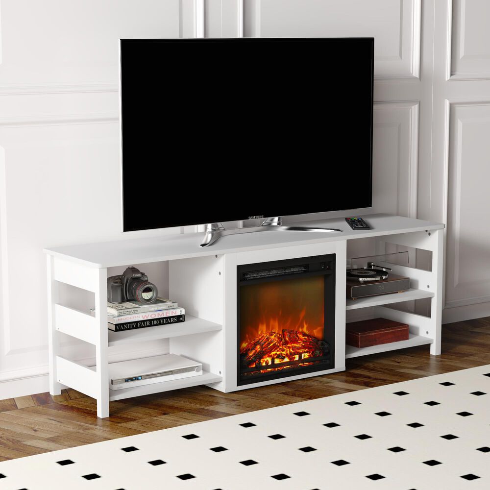 HOMLUX 63" Fireplace TV Stand with Storage Shelves in White Emboss, , large