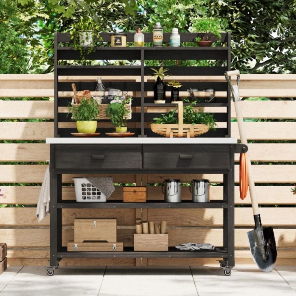 HOMLUX 65" Outdoor Potting Bench Table in Black, , large