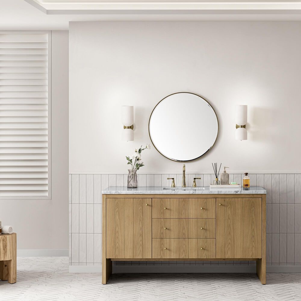 James Martin Vanities Hudson 60&quot; Single Bathroom Vanity in Light Natural Oak with 3 cm Carrara White Marble Top and Rectangular Sink, , large