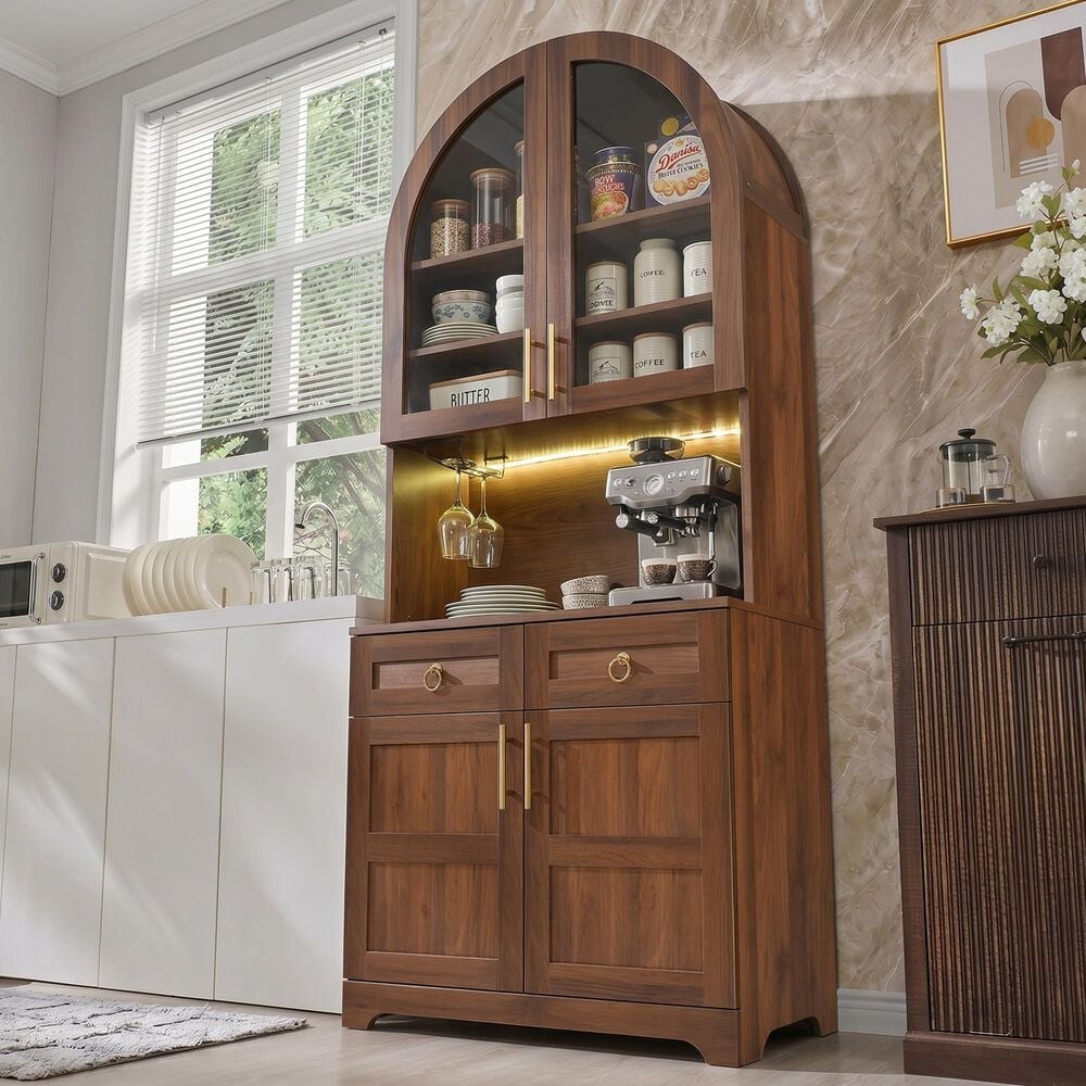HOMLUX 75" Arched Kitchen Pantry Cabinet with LED Light in Walnut, , large