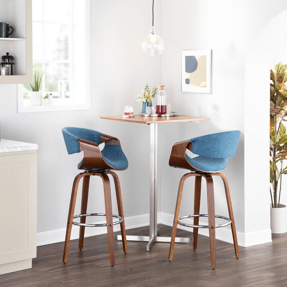 LumiSource Curvini 30" Swivel Barstool with Blue Upholstery in Walnut and Chrome (Set of 2), , large