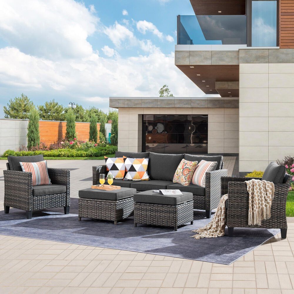 HOMLUX HOMLUX 5-Piece Outdoor Wicker Patio Furniture Set, High Back Rattan Sofa with Chairs, Ottomans &amp; Cushions in Black, , large