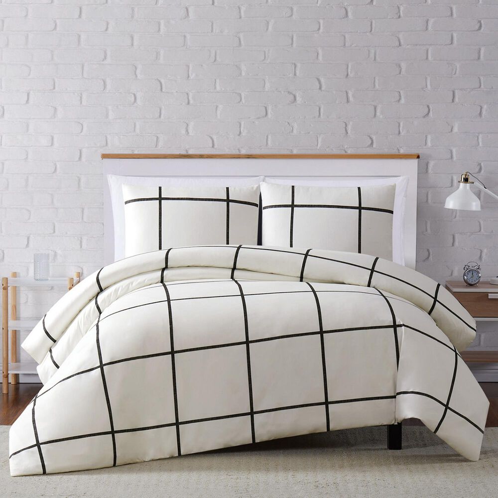 Pem America Truly Soft Windowpane 3-Piece King Duvet Set in Ivory and Black, , large